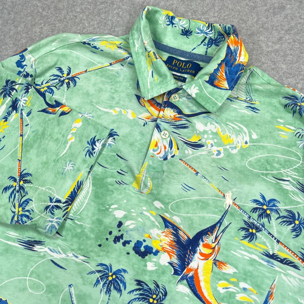 Polo Ralph Lauren Shirt Mens Medium Green Marlin Tropical Fishing Short Sleeve